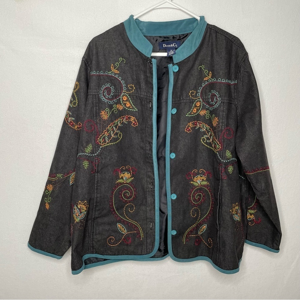 Denim & Co Chambray Embroidered Shirt Jacket Black Jean Shacket Women Size 1X